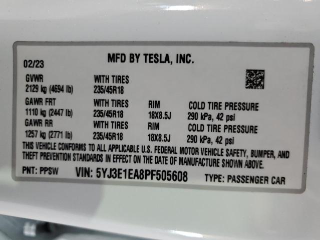 5YJ3E1EA8PF505608 | 2023 TESLA MODEL 3