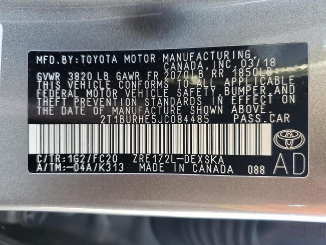 2T1BURHE5JC084485 | 2018 TOYOTA COROLLA L