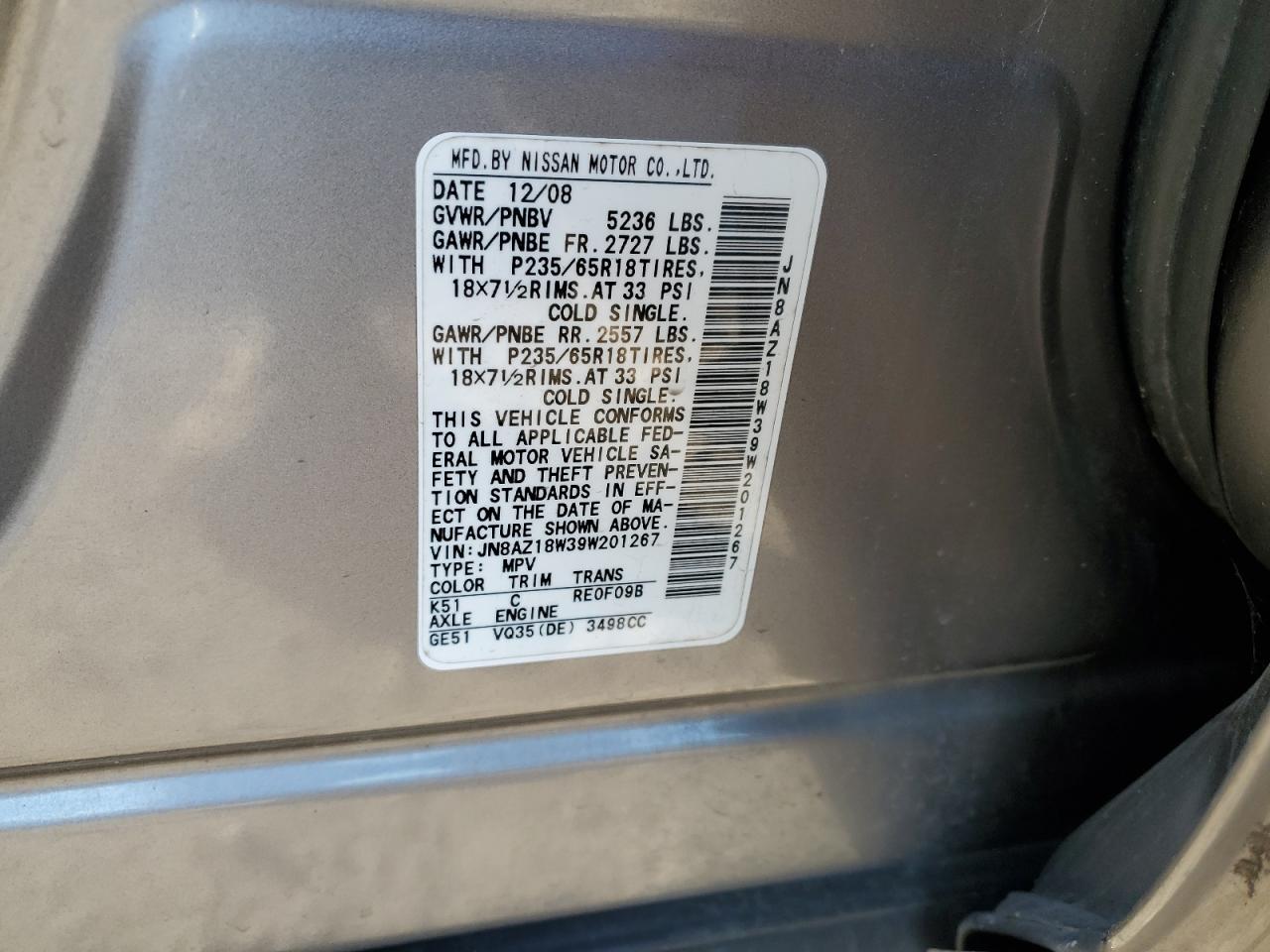 JN8AZ18W39W201267 2009 Nissan Murano S