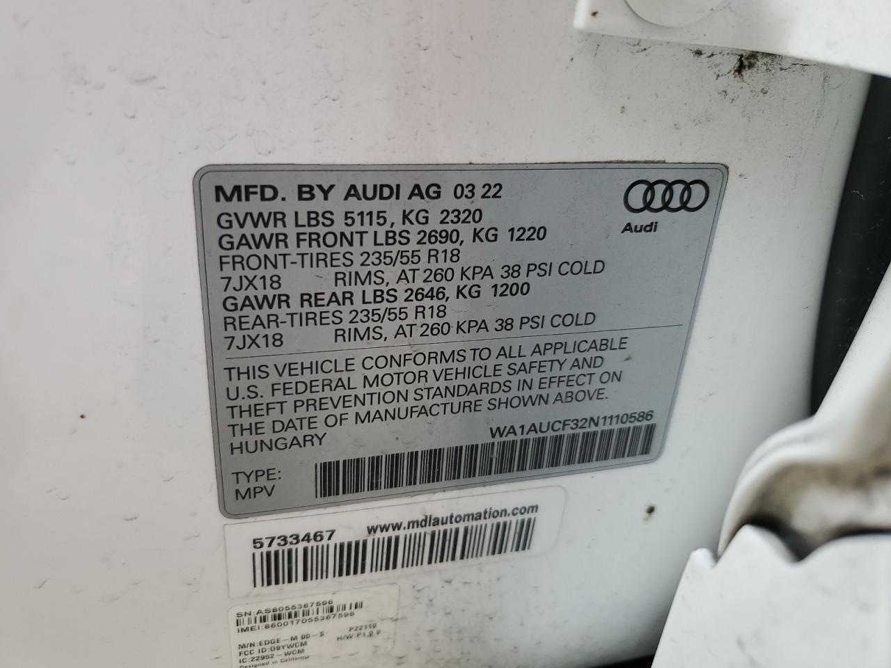 WA1AUCF32N1110586 2022 Audi Q3 Premium 40