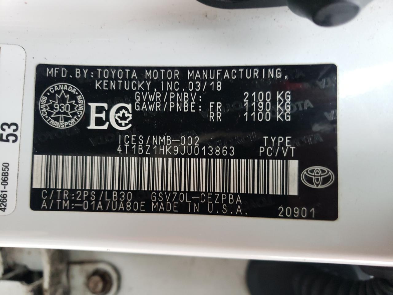 4T1BZ1HK9JU013863 TOYOTA CAMRY 2018