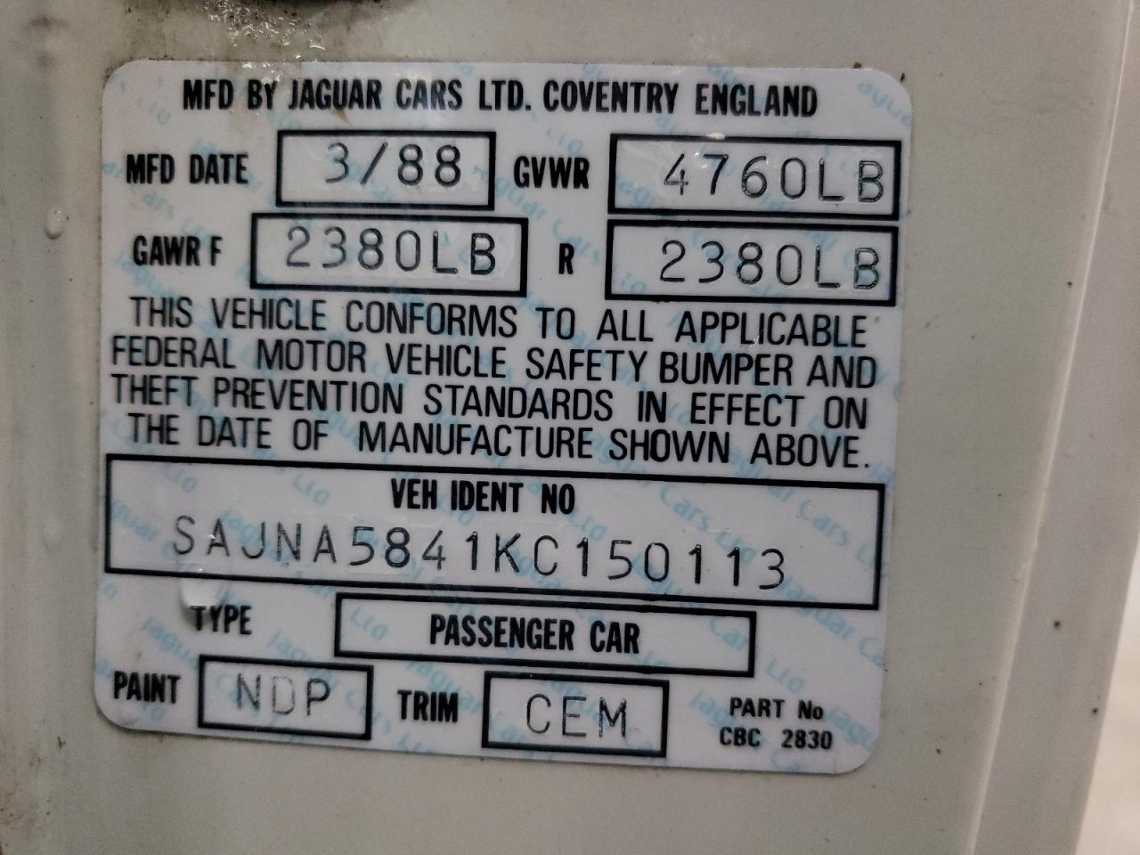 sajna5841kc150113 SAJNA5841KC150113 1989 Jaguar Xjs