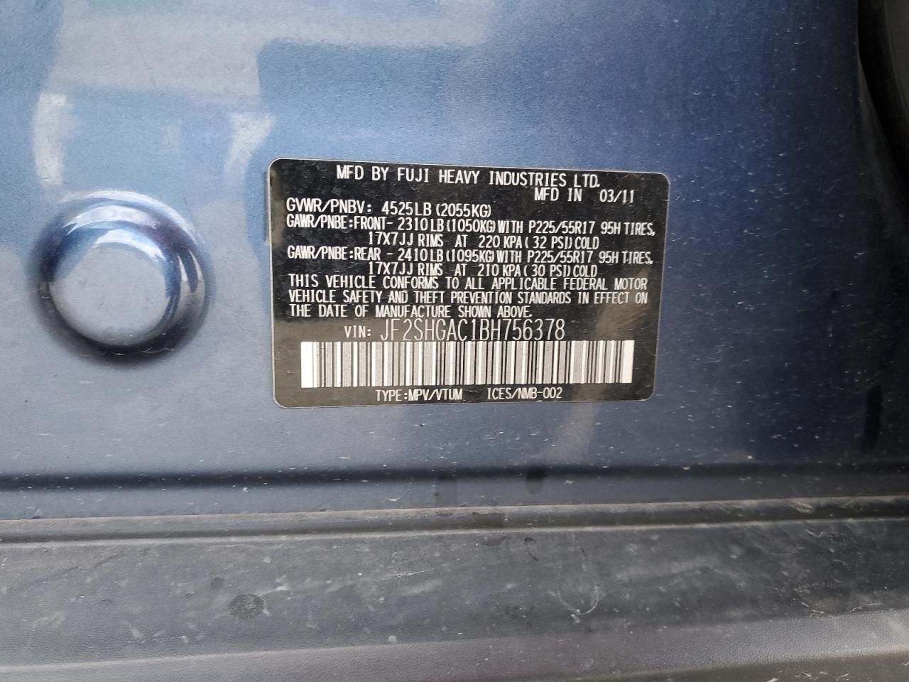 jf2shgac1bh756378 JF2SHGAC1BH756378 2011 Subaru Forester 2.5X