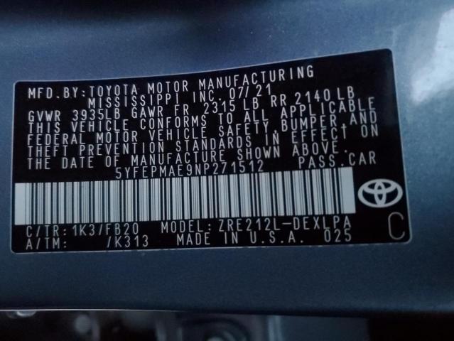 5YFEPMAE9NP271512 | 2022 Toyota corolla le