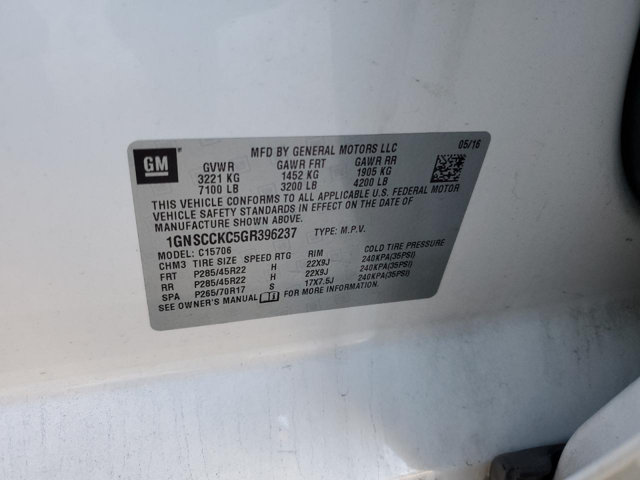 1GNSCCKC5GR396237 CHEVROLET TAHOE 2016