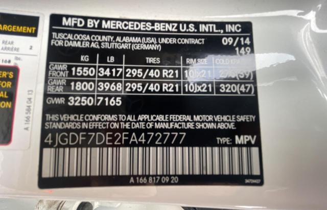 VIN 4JGDF7DE2FA472777 2015 Mercedes-Benz GL-Class, ... no.10