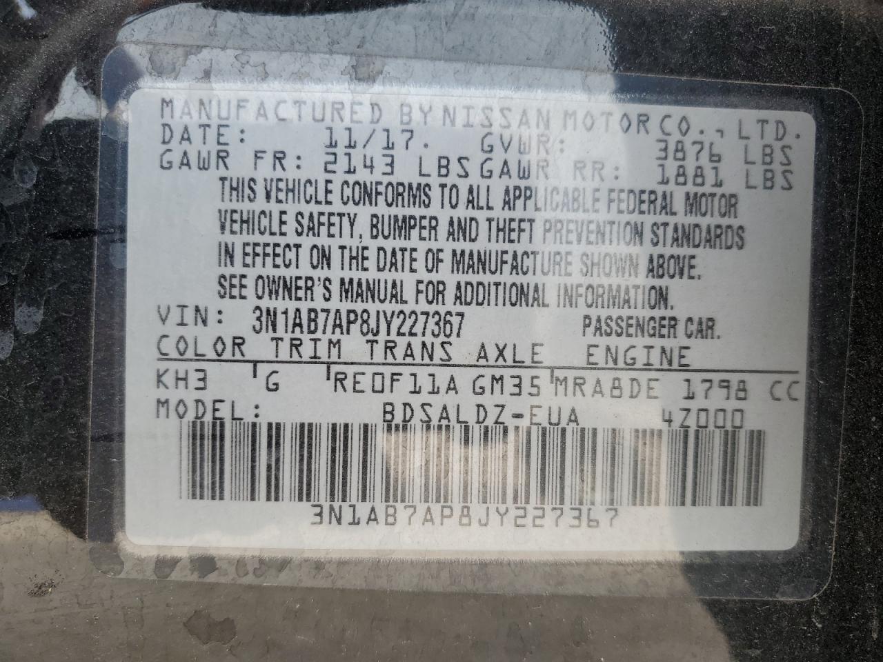 3N1AB7AP8JY227367 NISSAN SENTRA 2018