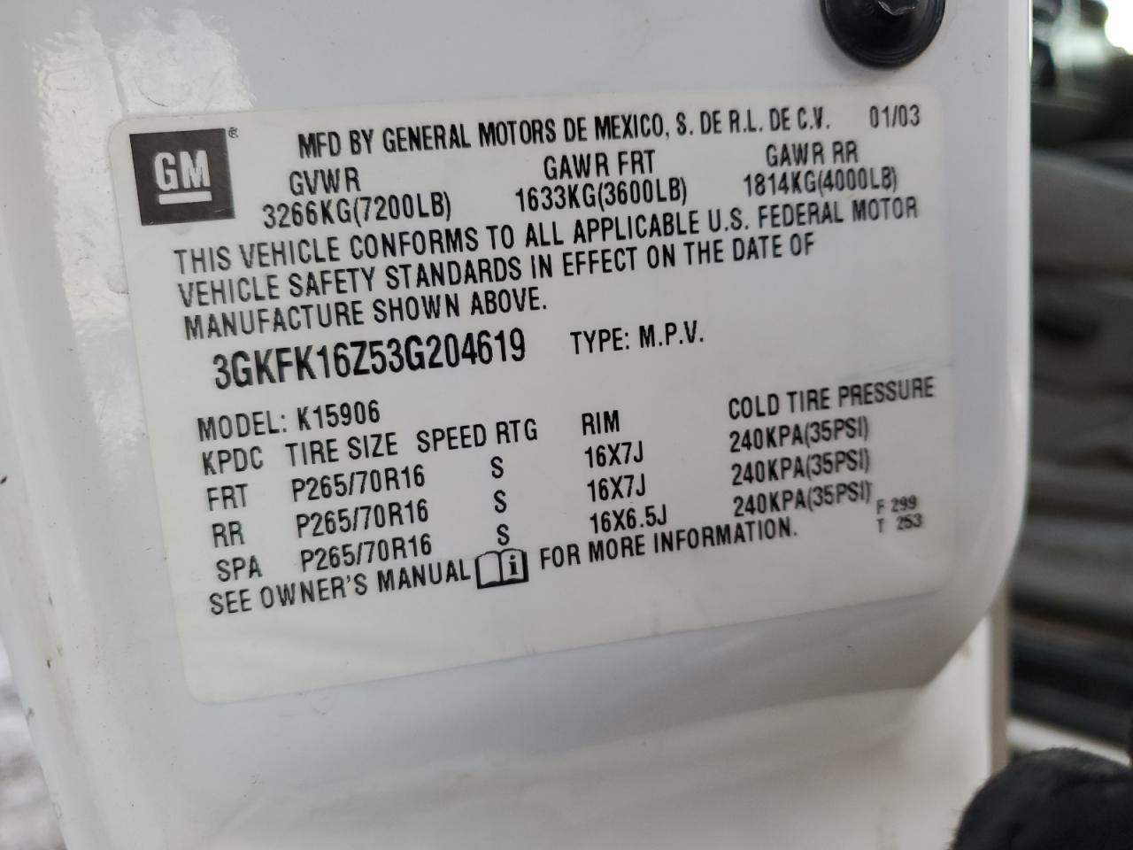 3GKFK16Z53G204619 2003 GMC Yukon Xl K1500