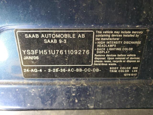 YS3FH51U761109276 | 2006 Saab 9-3 aero