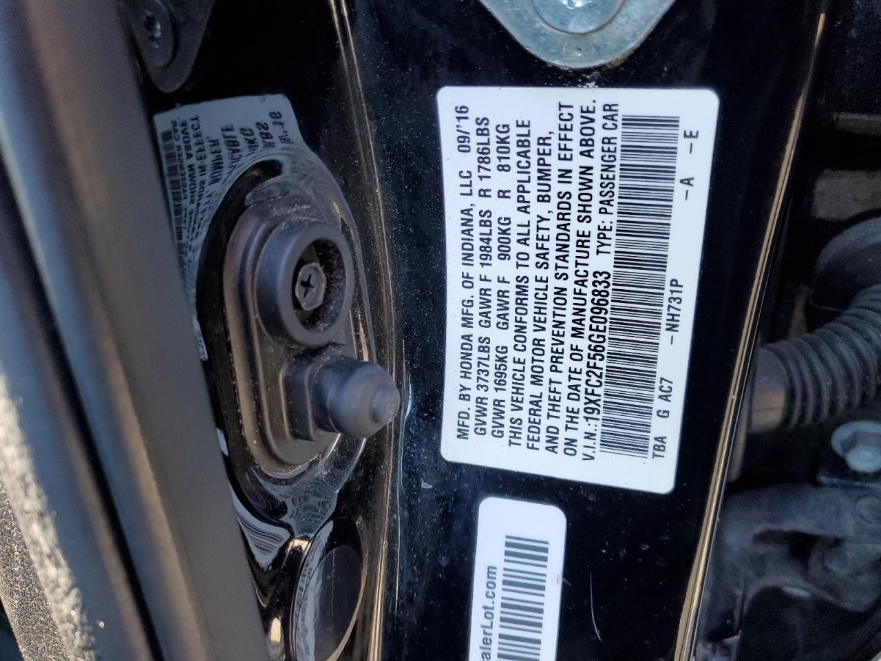 19XFC2F56GE096833 HONDA CIVIC 2016
