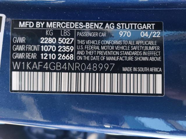 W1KAF4GB4NR048997 | 2022 MERCEDES-BENZ C 300