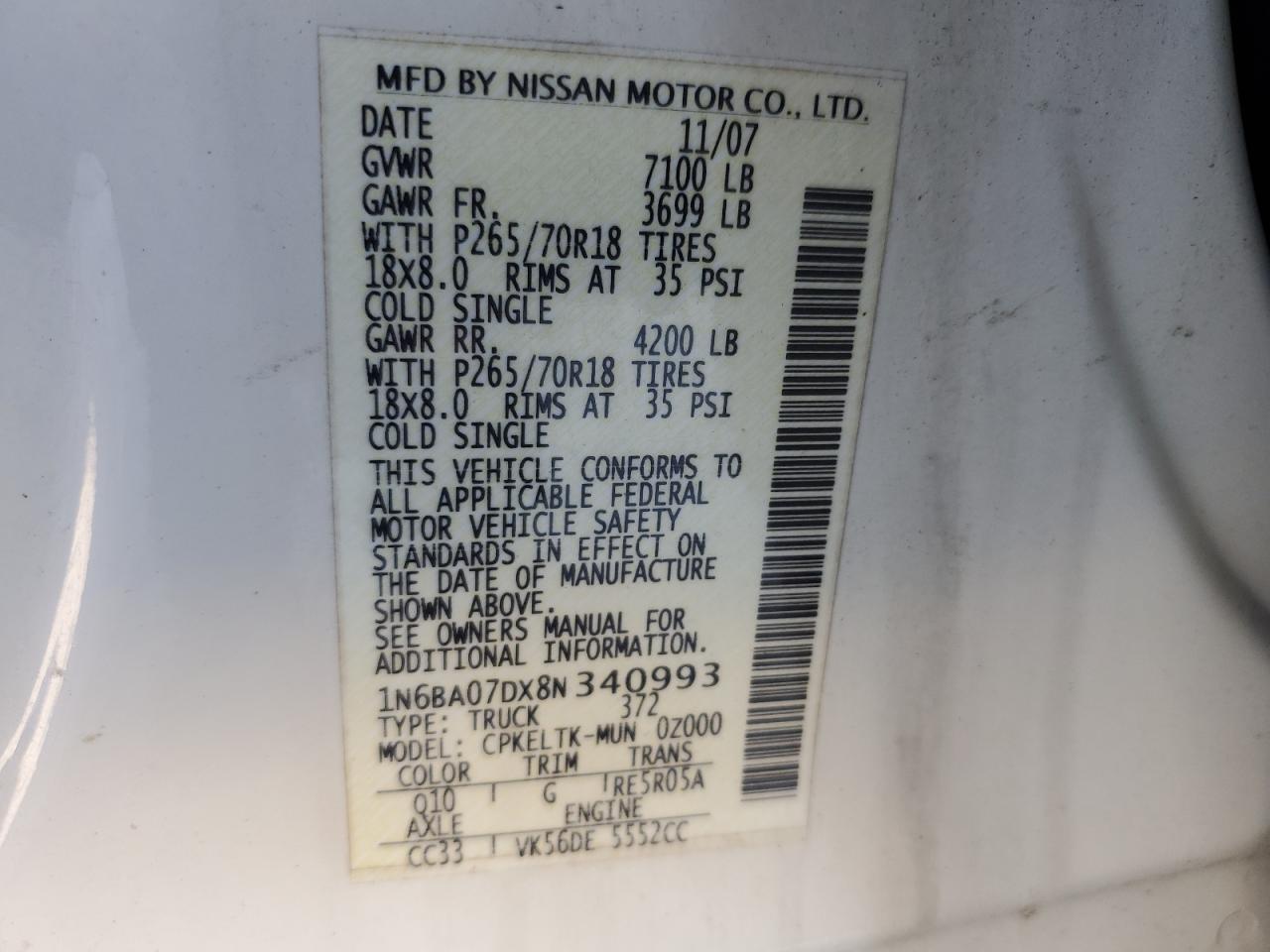 1N6BA07DX8N340993 2008 Nissan Titan Xe