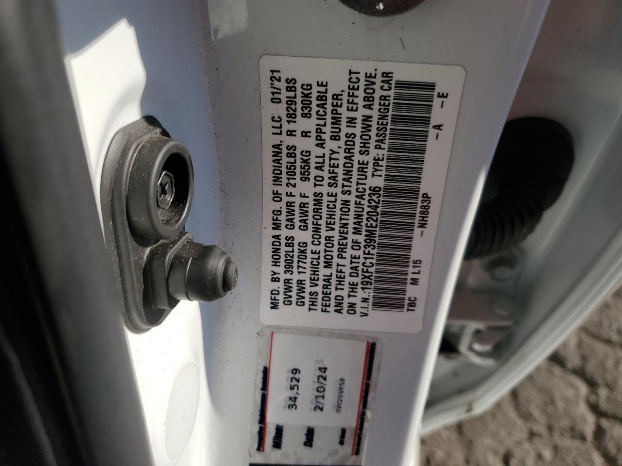 19XFC1F39ME204236 HONDA CIVIC 2021