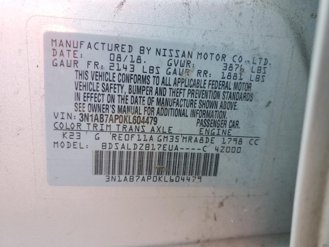 3N1AB7AP0KL604479 2019 Nissan Sentra S