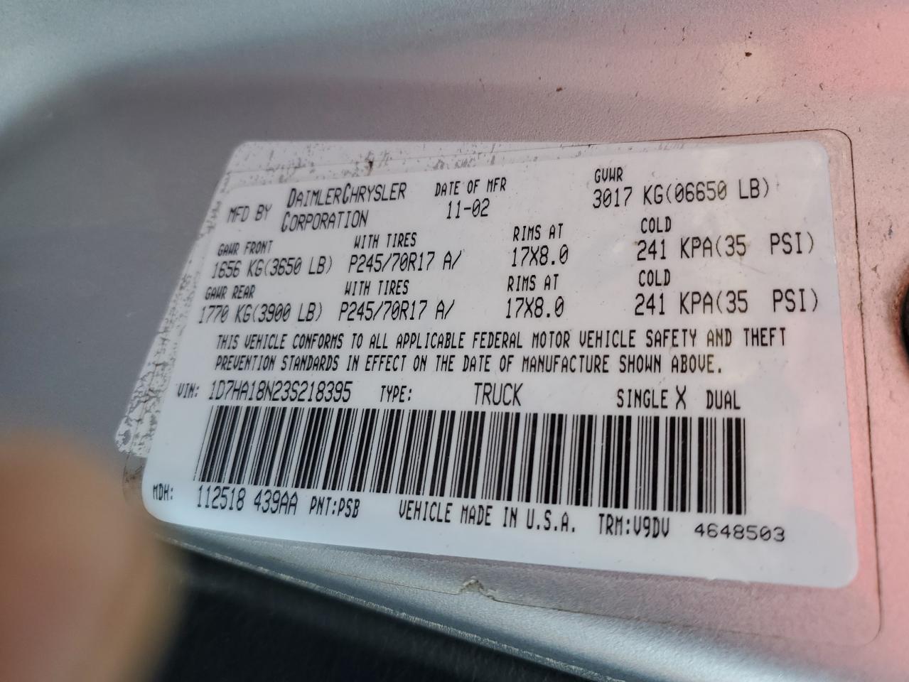 1D7HA18N23S218395 2003 Dodge Ram 1500 St