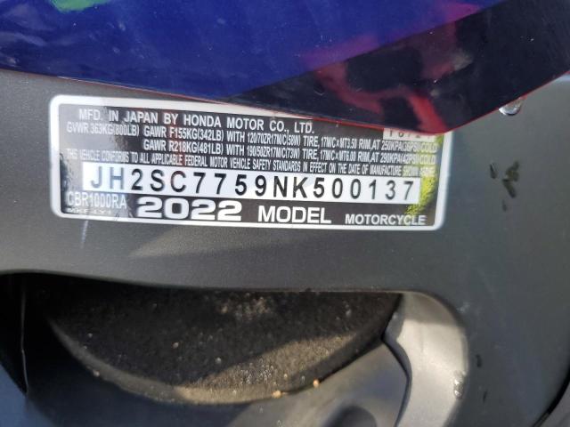 2022 HONDA CBR1000 RA JH2SC7759NK500137