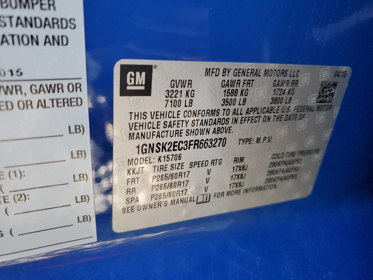 1gnsk2ec3fr663270 1GNSK2EC3FR663270 2015 Chevrolet Tahoe Police