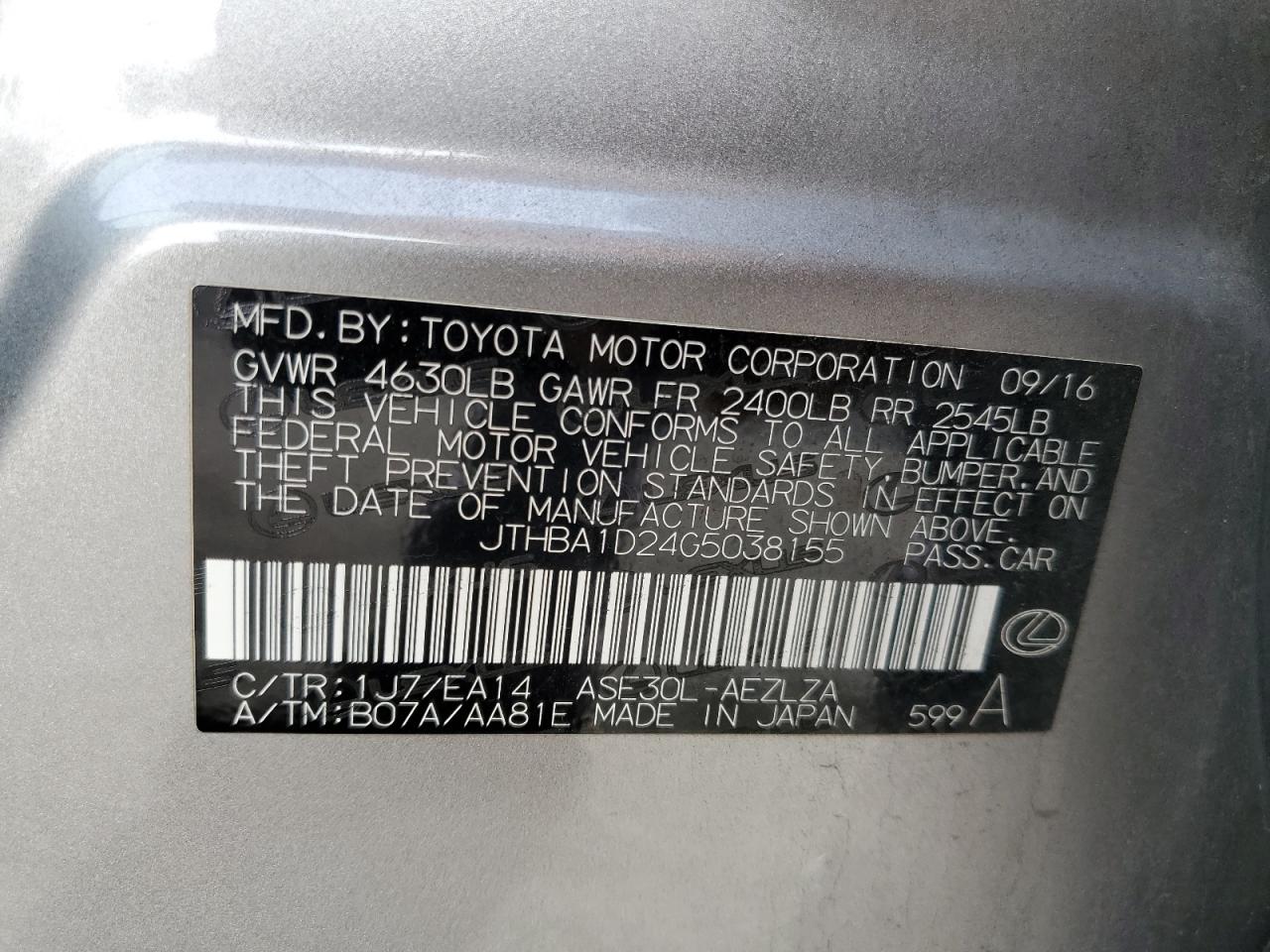 JTHBA1D24G5038155 2016 Lexus Is 200T