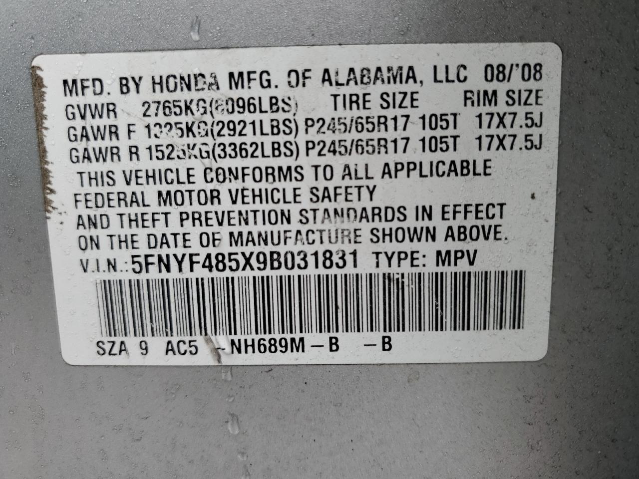5FNYF485X9B031831 2009 Honda Pilot Exl