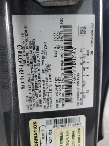 3FA6P0LU1KR121407 | 2019 FORD FUSION SE