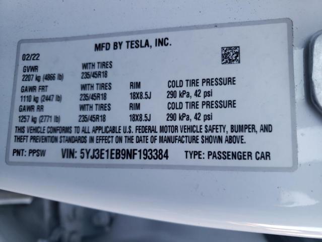 5YJ3E1EB9NF193384 | 2022 TESLA MODEL 3