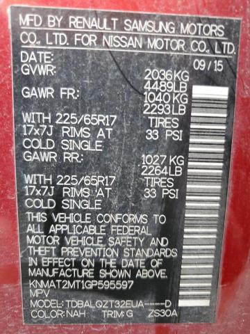 2016 NISSAN ROUGE KNMAT2MT1GP595597