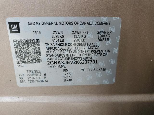 2GNAXJEV2K6237701 | 2019 CHEVROLET EQUINOX LT