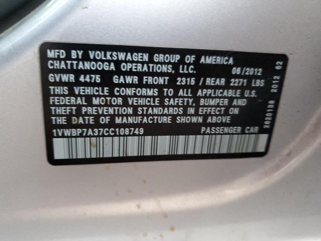 2012 Volkswagen Passat Se VIN: 1VWBP7A37CC108749 Lot: 78418493