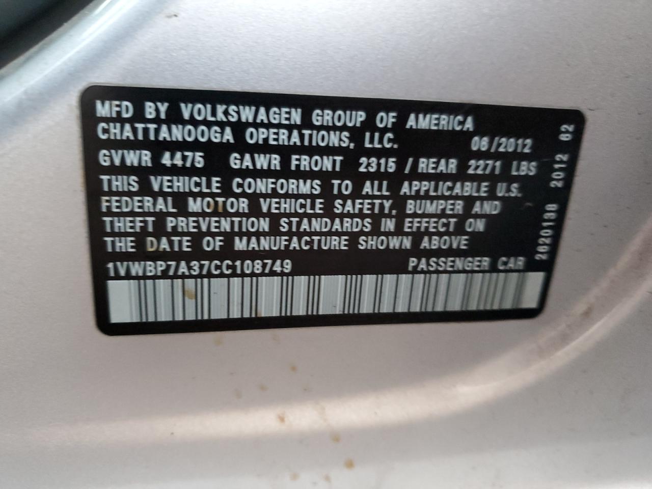 1VWBP7A37CC108749 2012 Volkswagen Passat Se