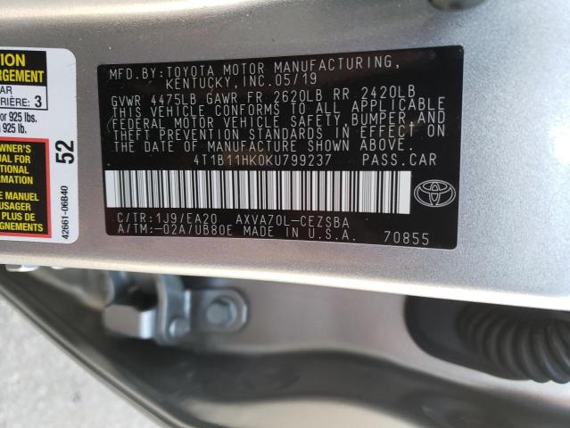 4T1B11HK0KU799237 | 2019 TOYOTA CAMRY L