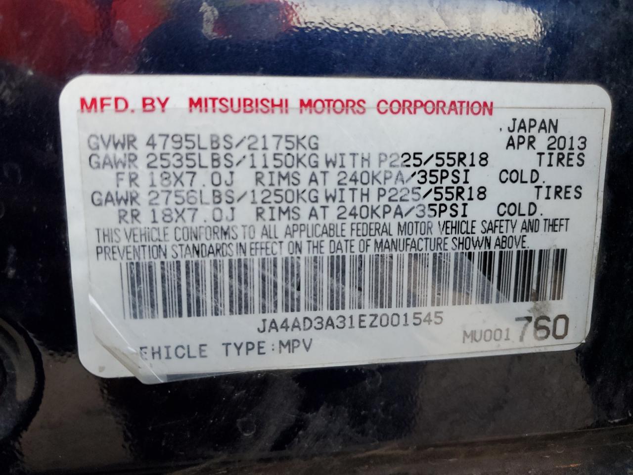 ja4ad3a31ez001545 JA4AD3A31EZ001545 2014 Mitsubishi Outlander Se