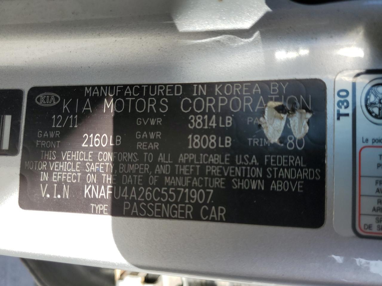 KNAFU4A26C5571907 2012 Kia Forte Ex