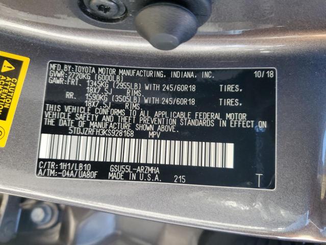 VIN 5TDJZRFH3KS928168 2019 Toyota Highlander, SE no.13