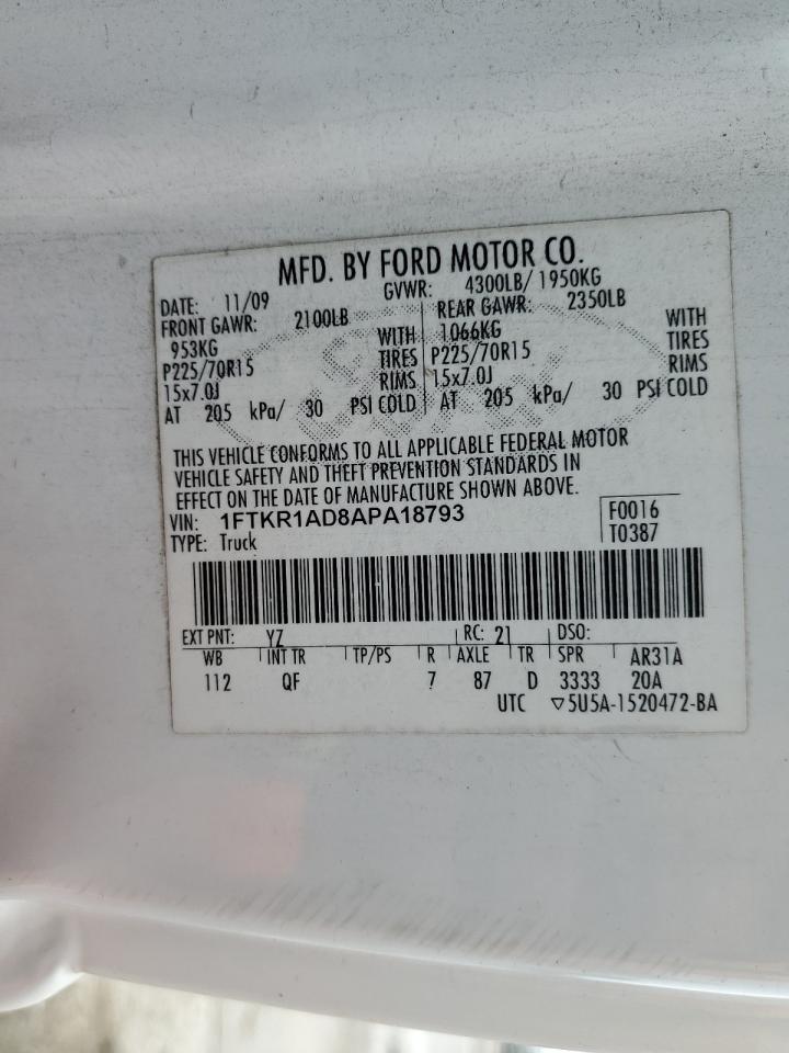 1FTKR1AD8APA18793 2010 Ford Ranger 1FTKR1AD8APA18793 2010 Ford Ranger