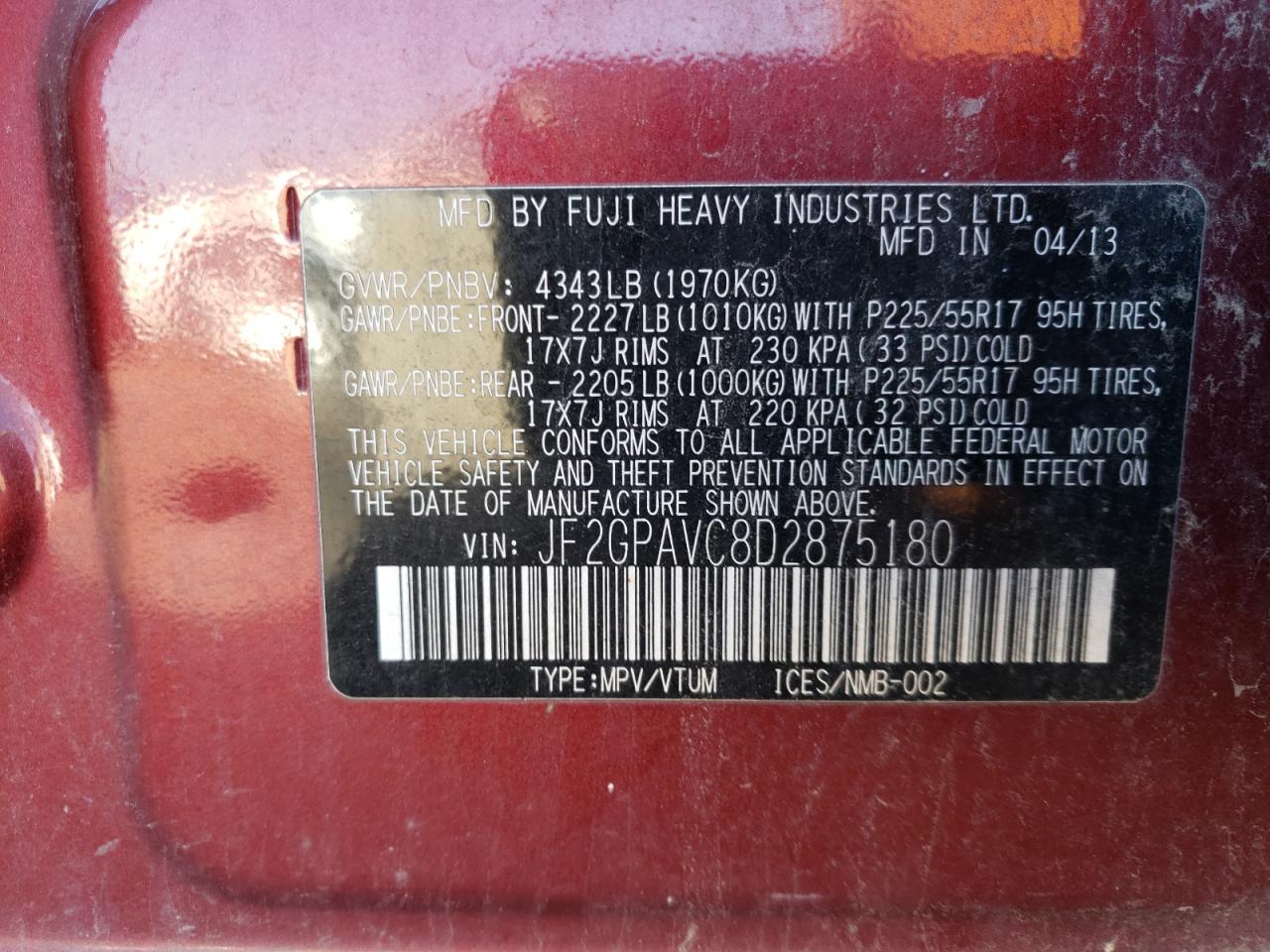 JF2GPAVC8D2875180 2013 Subaru Xv Crosstrek 2.0 Premium