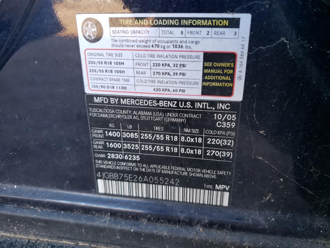 4jgbb75e26a055242 4JGBB75E26A055242 2006 Mercedes-Benz Ml 500