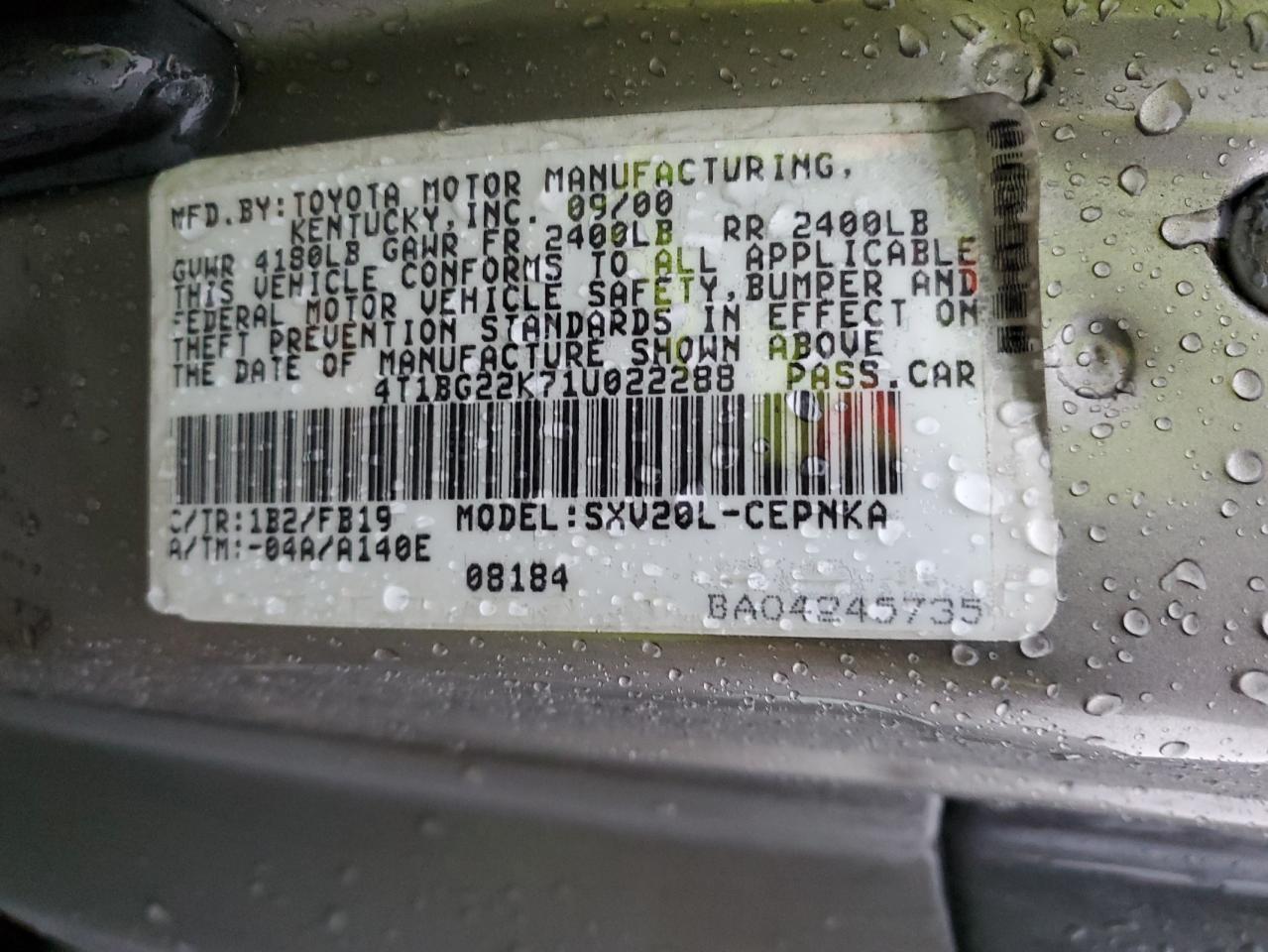 4T1BG22K71U022288 2001 Toyota Camry Ce