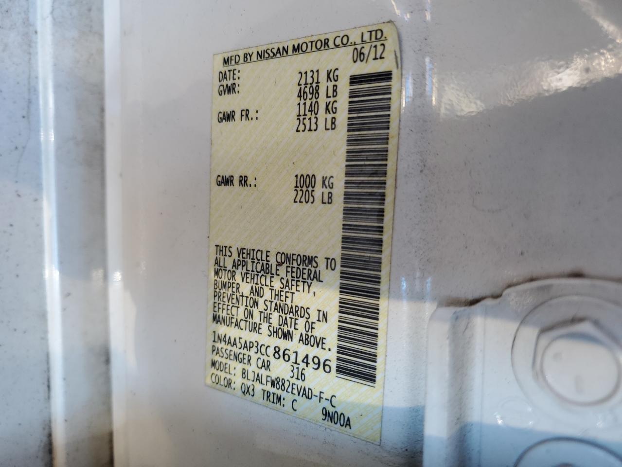 1N4AA5AP3CC861496 2012 Nissan Maxima S