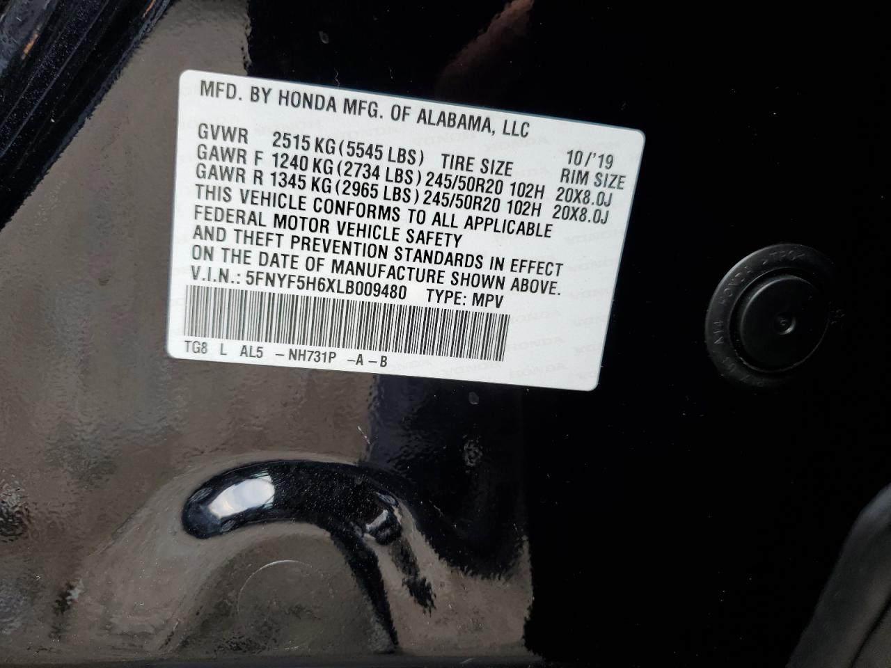 5FNYF5H6XLB009480 HONDA PILOT 2020