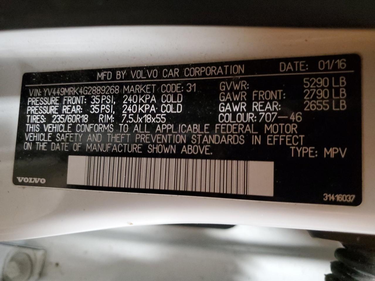 yv449mrk4g2889268 YV449MRK4G2889268 2016 Volvo Xc60 T6 Premier