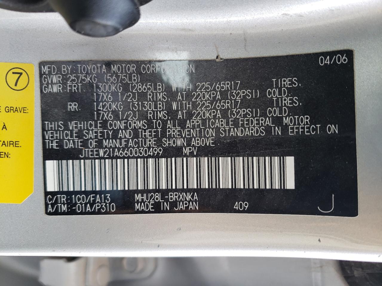 JTEEW21A660030499 2006 Toyota Highlander Hybrid
