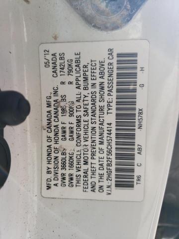 2012 Honda Civic Lx VIN: 2HGFB2F56CH574414 Lot: 81158203