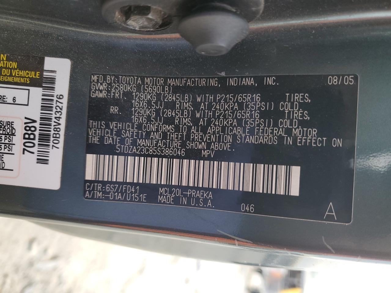 5TDZA23C85S386046 2005 Toyota Sienna Ce