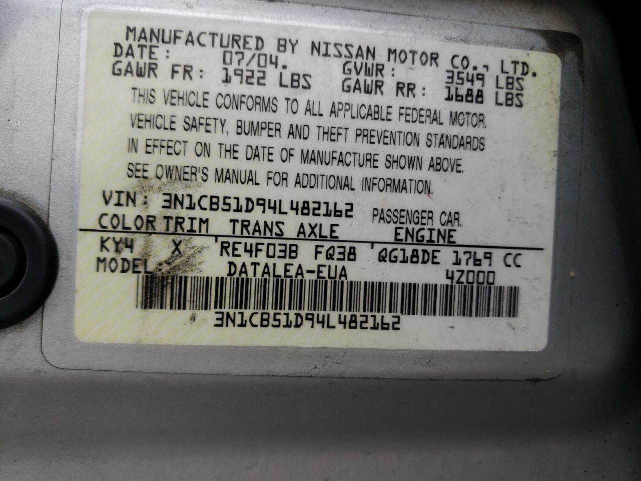 3N1CB51D94L482162 2004 Nissan Sentra 1.8