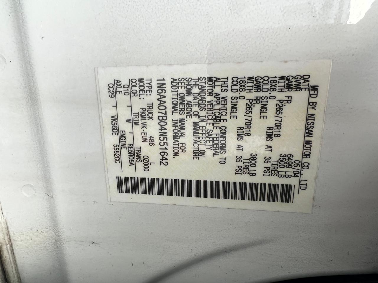 1N6AA07B04N551642 2004 Nissan Titan Xe 1N6AA07B04N551642 2004 Nissan Titan Xe