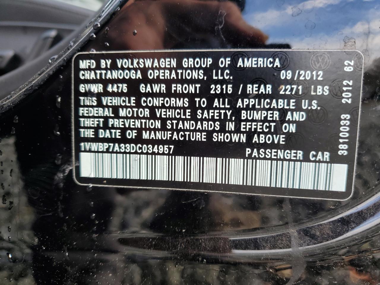 1VWBP7A33DC034957 2013 Volkswagen Passat Se