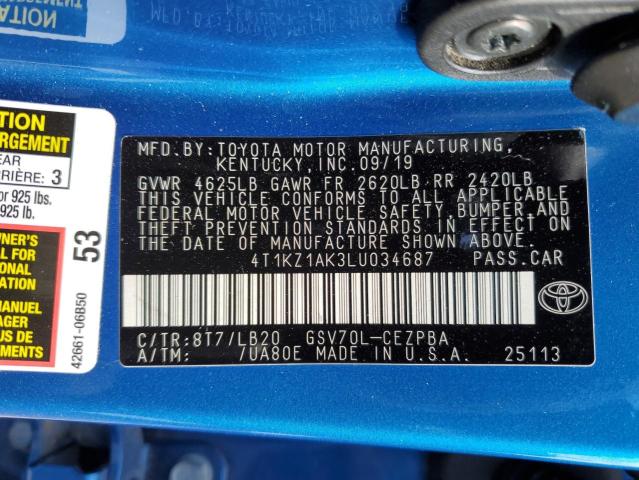 4T1KZ1AK3LU034687 | 2020 TOYOTA CAMRY TRD