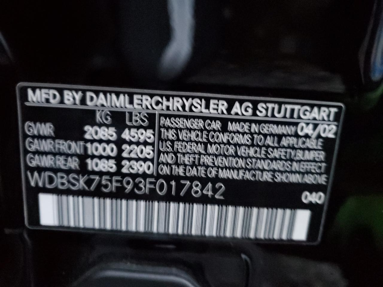 wdbsk75f93f017842 WDBSK75F93F017842 2003 Mercedes-Benz Sl 500R