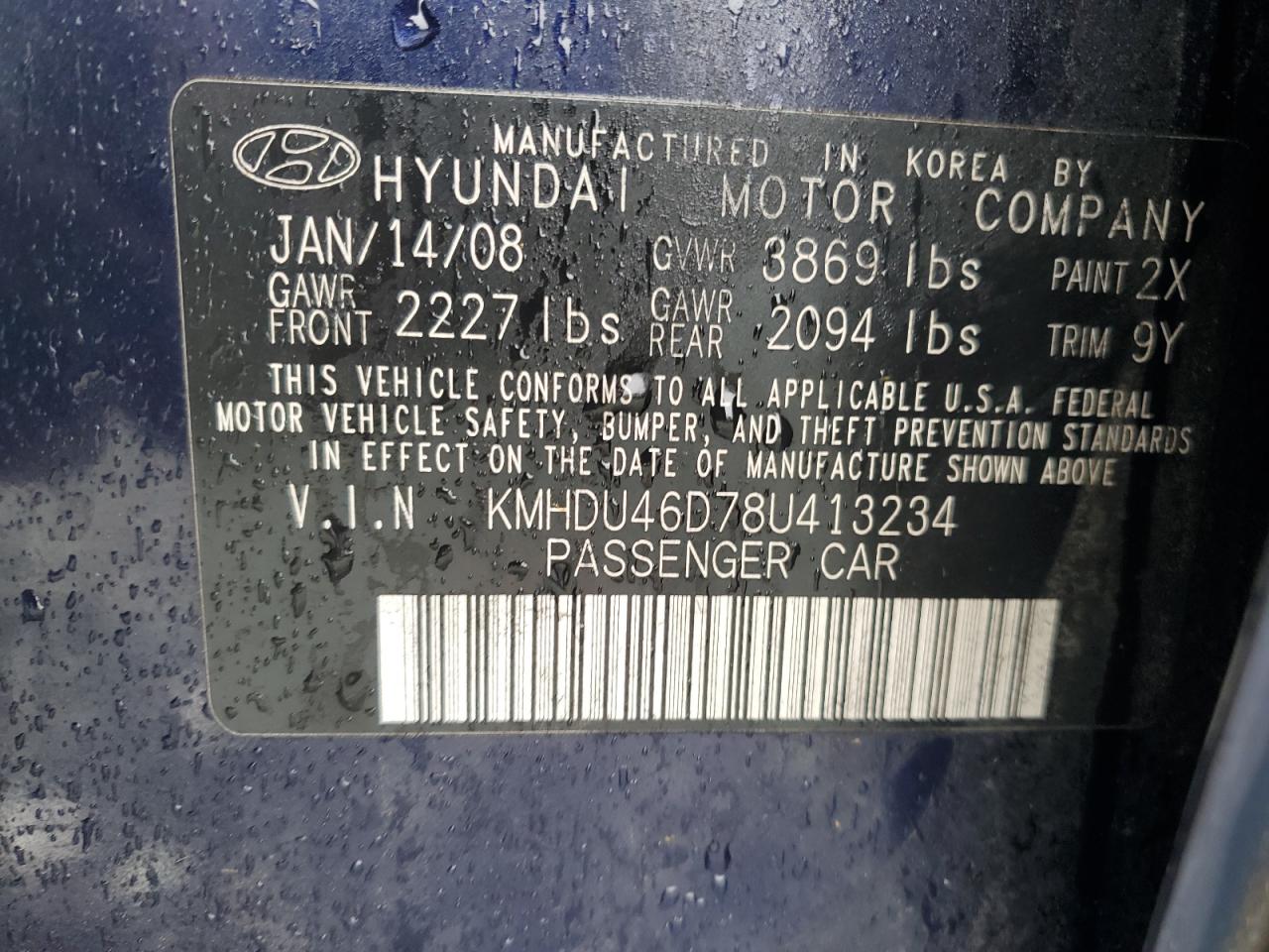 KMHDU46D78U413234 2008 Hyundai Elantra Gls