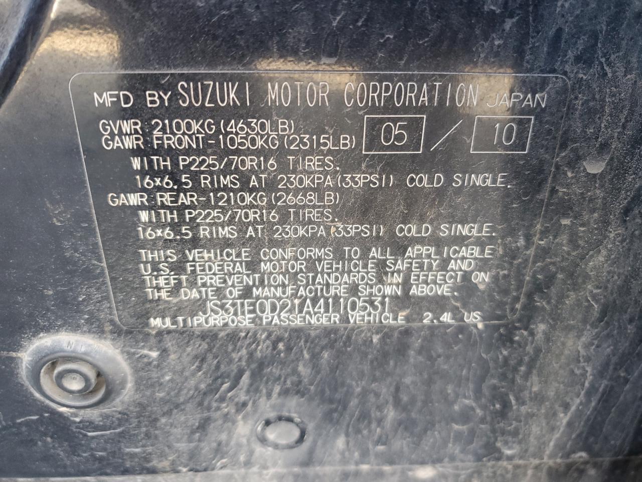 js3te0d21a4110531 JS3TE0D21A4110531 2010 Suzuki Grand Vitara Premium